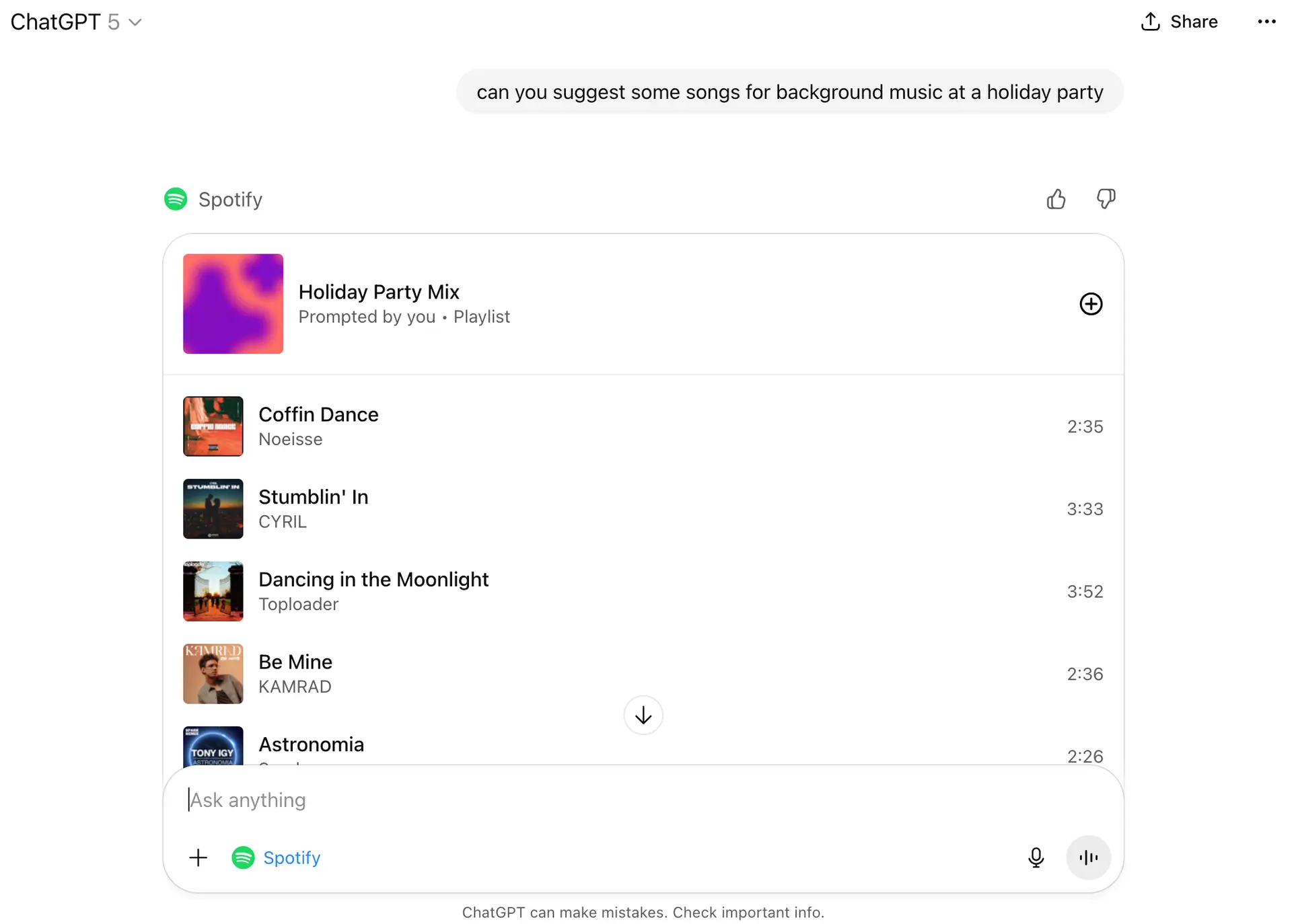 Screenshot of ChatGPT 5 interface displaying the prompt 'Can you suggest some songs for background music at a holiday party?' with Spotify integration visible below.