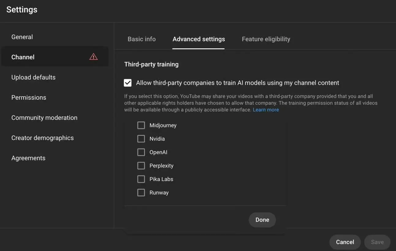 YouTube AI settings