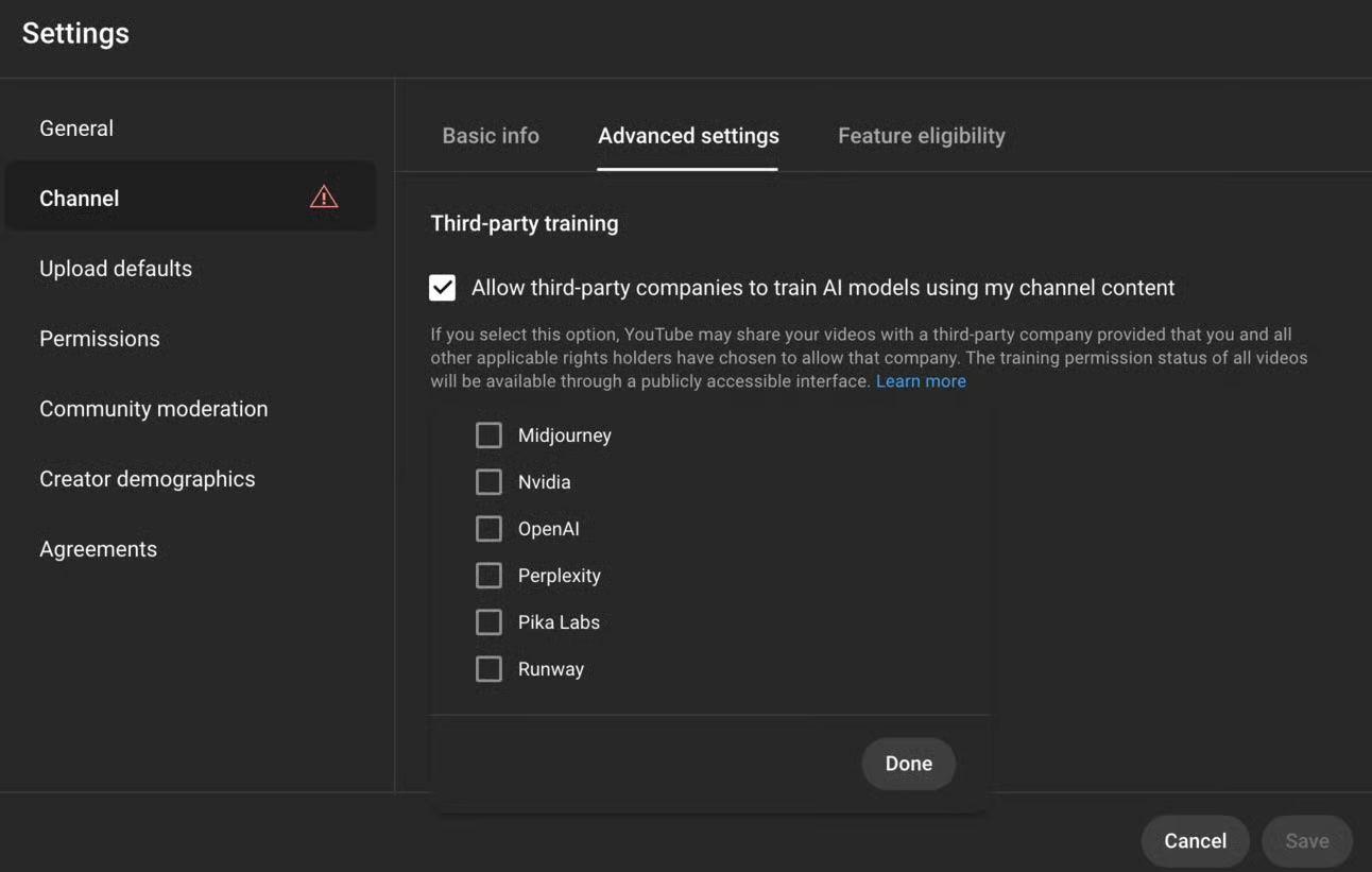 Youtube AI settings