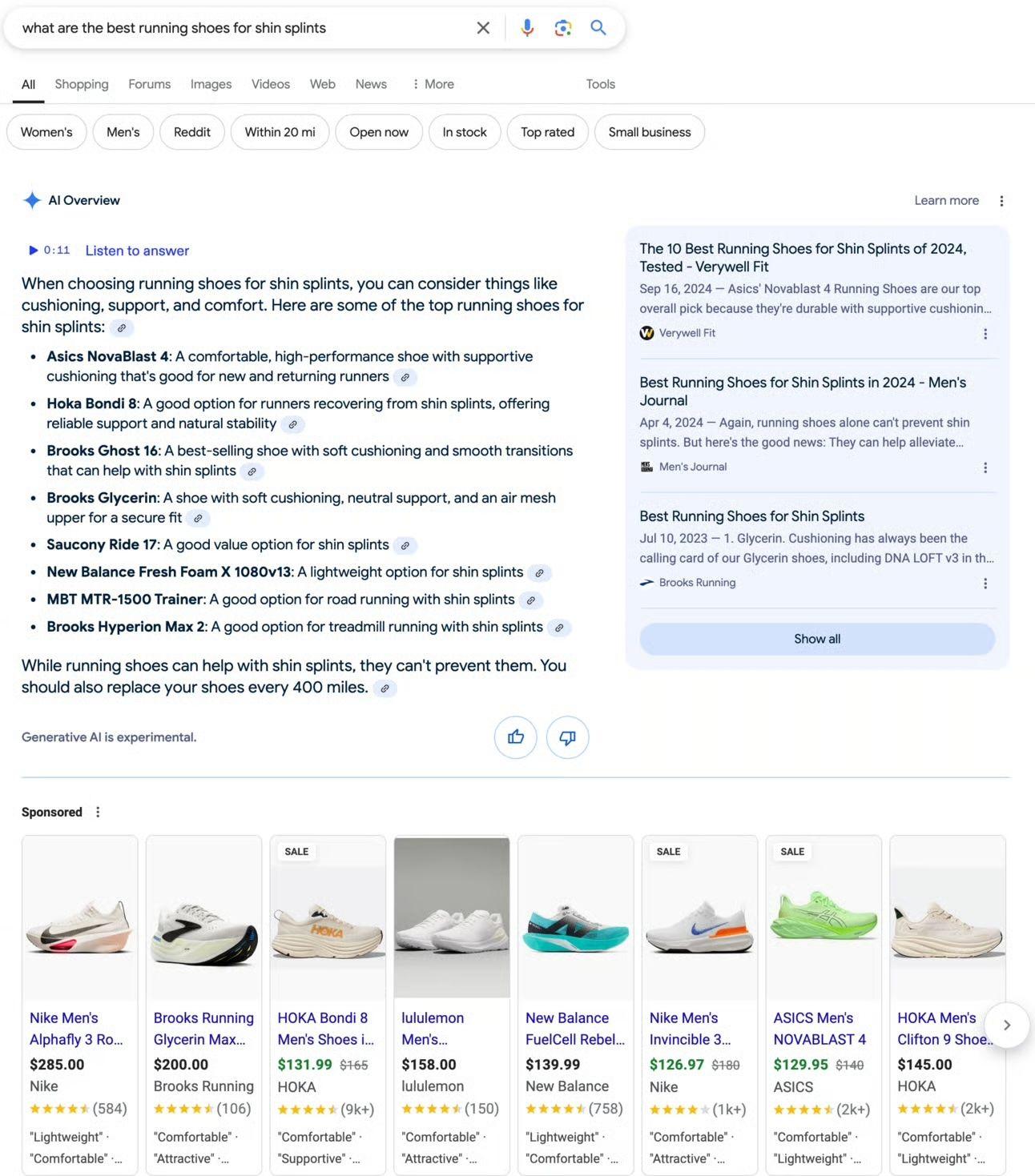 Google search for running shoes