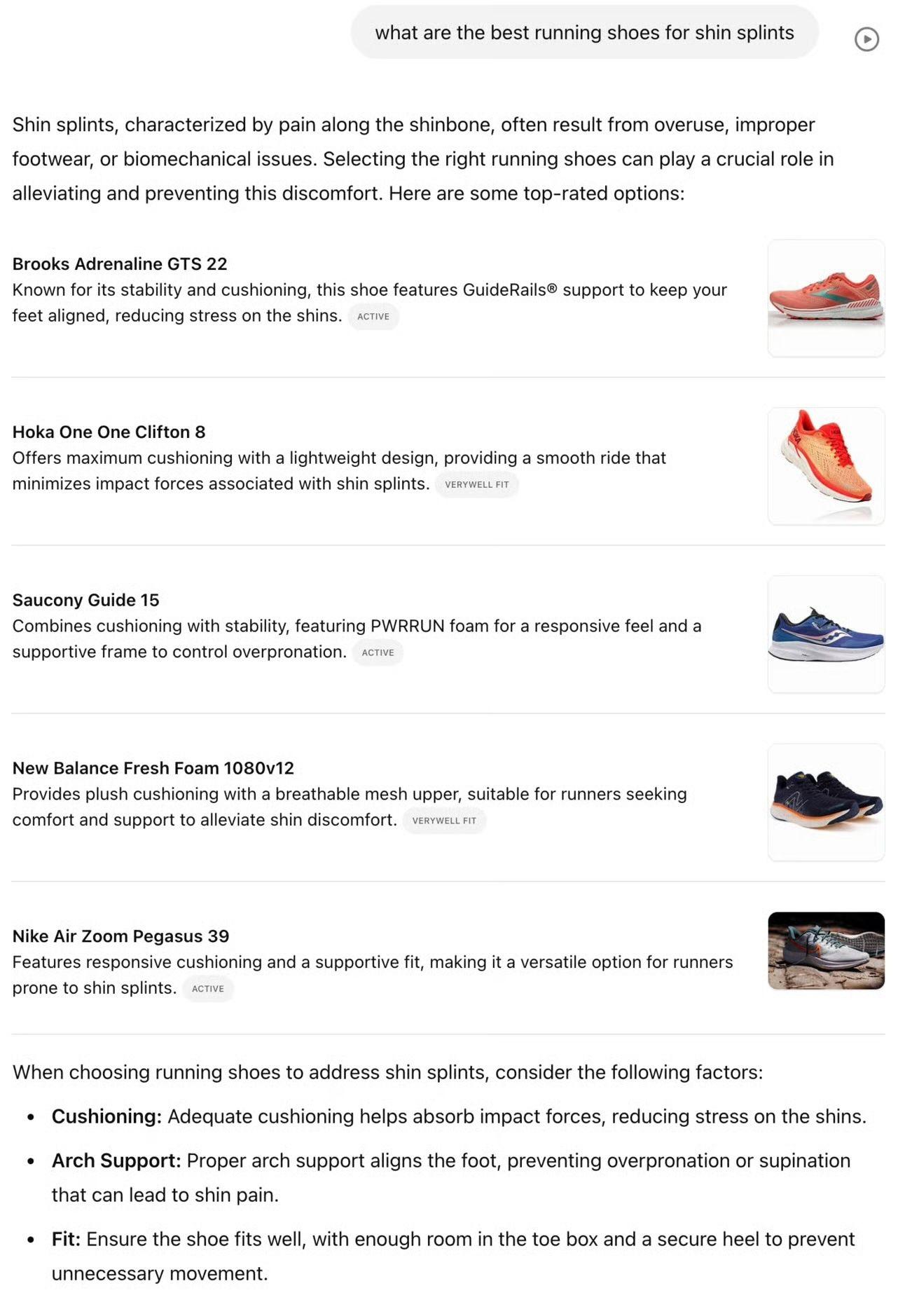 Chat GPT search for running shoes